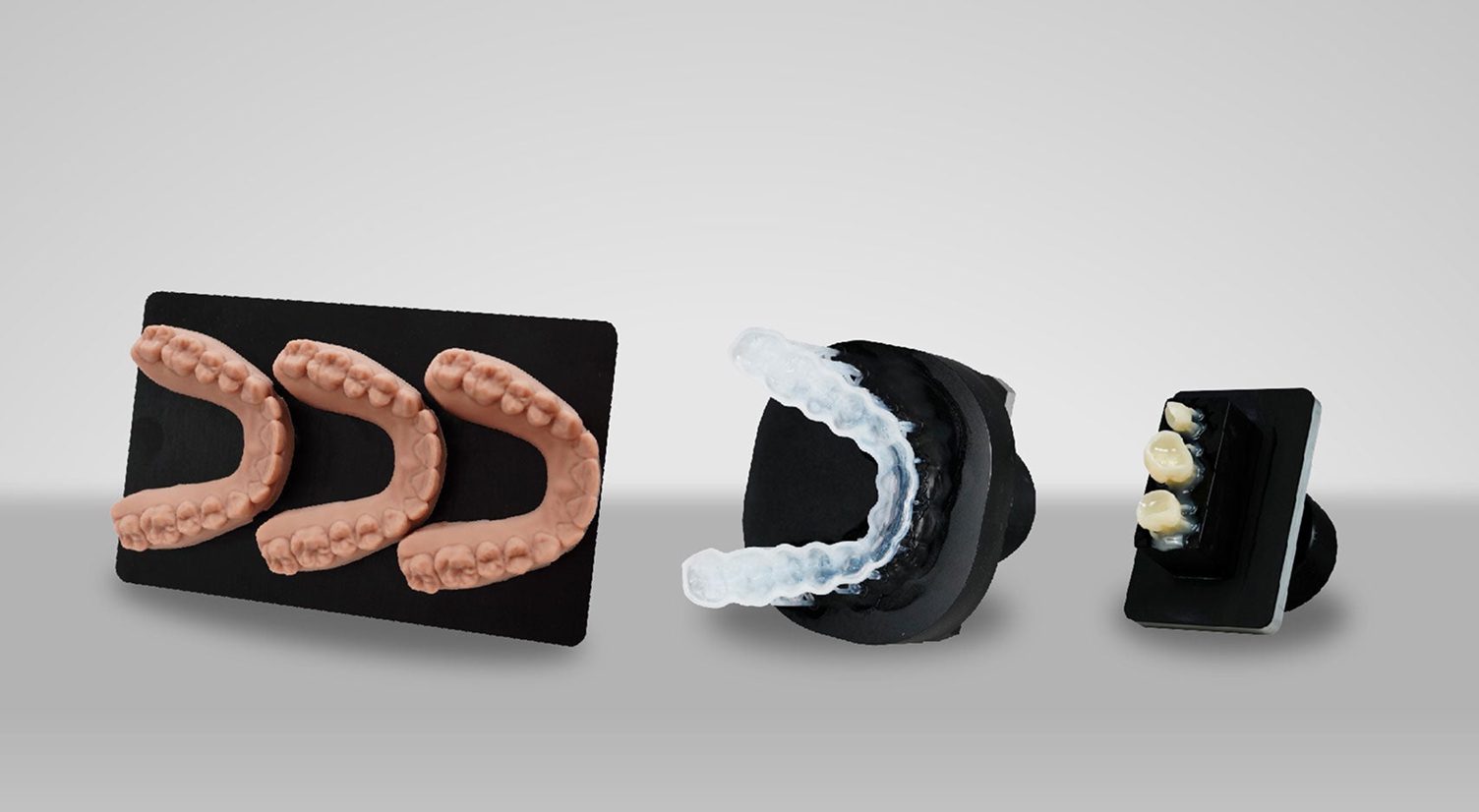 Dental molds and aligners on display stands.